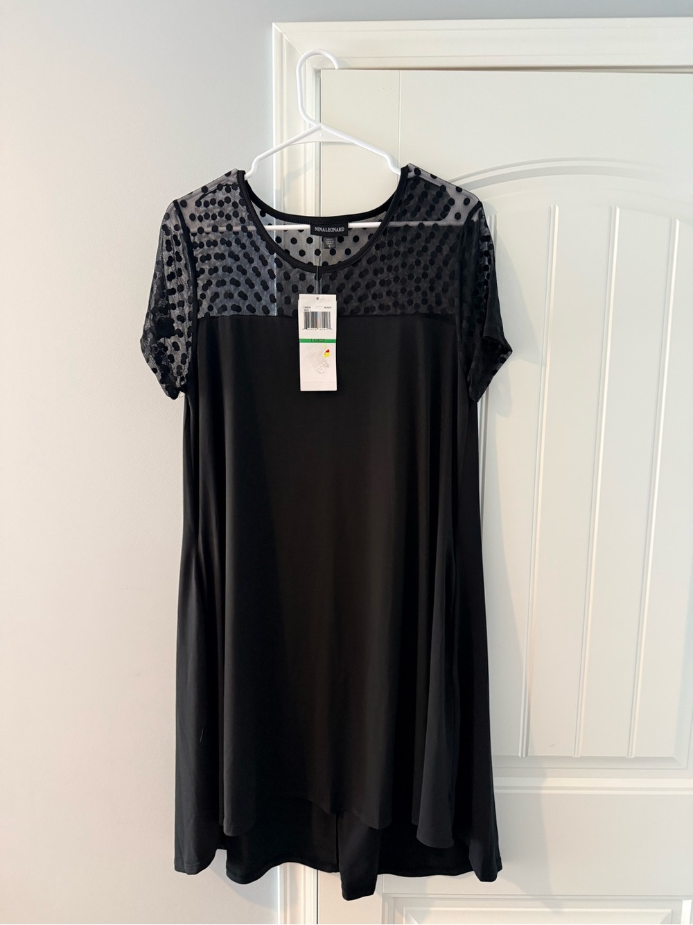 Nina Leonard Black Polka Mesh Yoke Midi Swing Dress